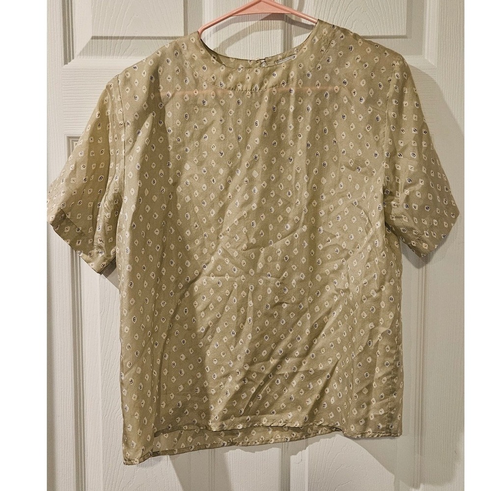 Anna and Frank 100% Silk Boxy Blouse Small Beige Printed Short Sleeve Top